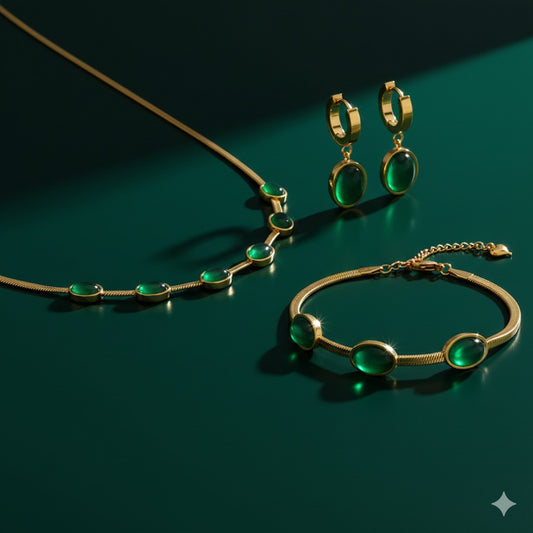 Oval Green Crystal Pendant Necklace & Earing Set With Bracelet