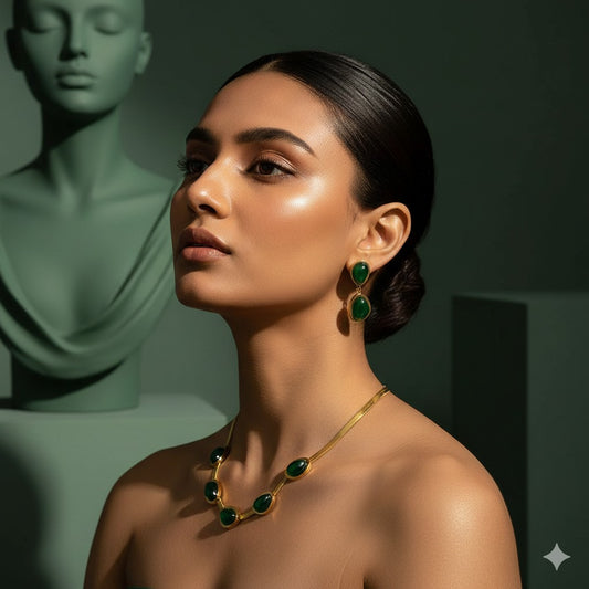 Oval Green Crystal Pendant Necklace & Earing Set With Bracelet