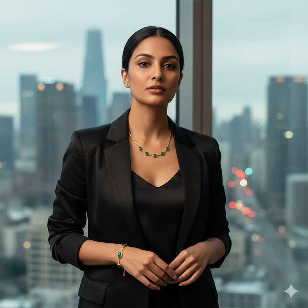 Oval Green Crystal Pendant Necklace & Earing Set With Bracelet