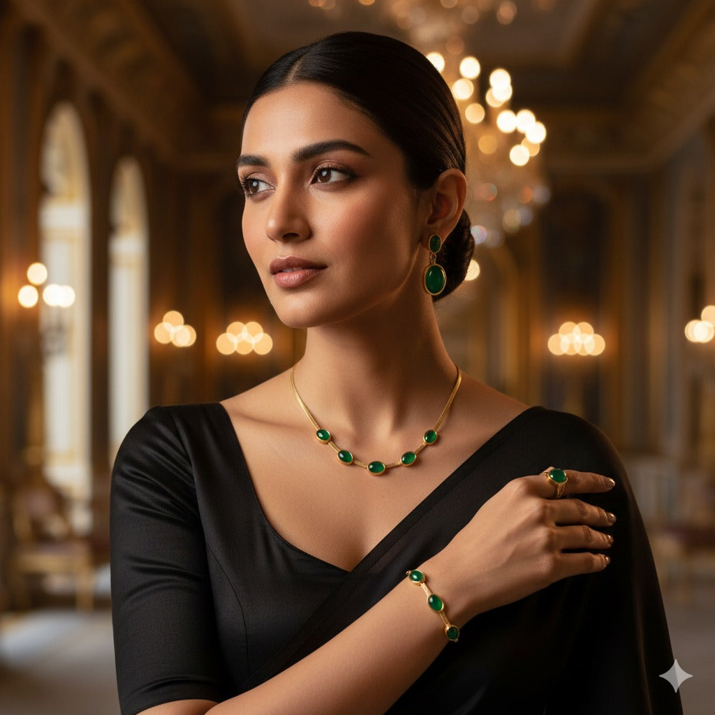 Oval Green Crystal Pendant Necklace & Earing Set With Bracelet