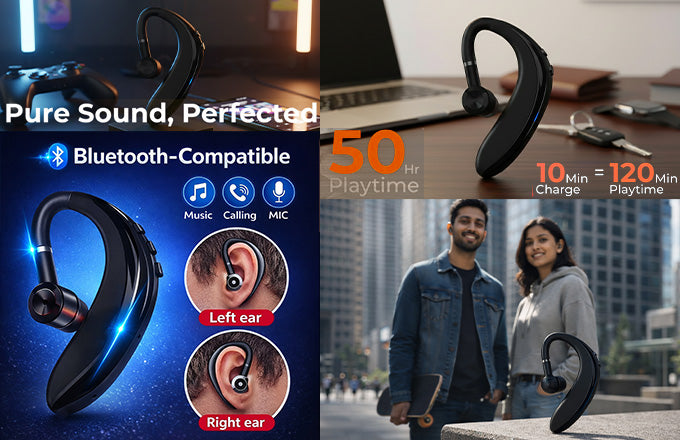Mono Bluetooth Headset – Wireless Single-Ear Earpiece with Mic for Calls, Hands-Free Driving, Fast Charging, Lightweight & All Smartphone Compatibility